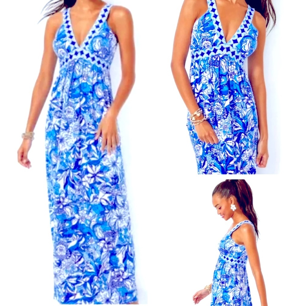 Wow! Lilly Pulitzer Serena V-neck Maxi Blue Tang Flocking Fabulous 00 - fits a 2